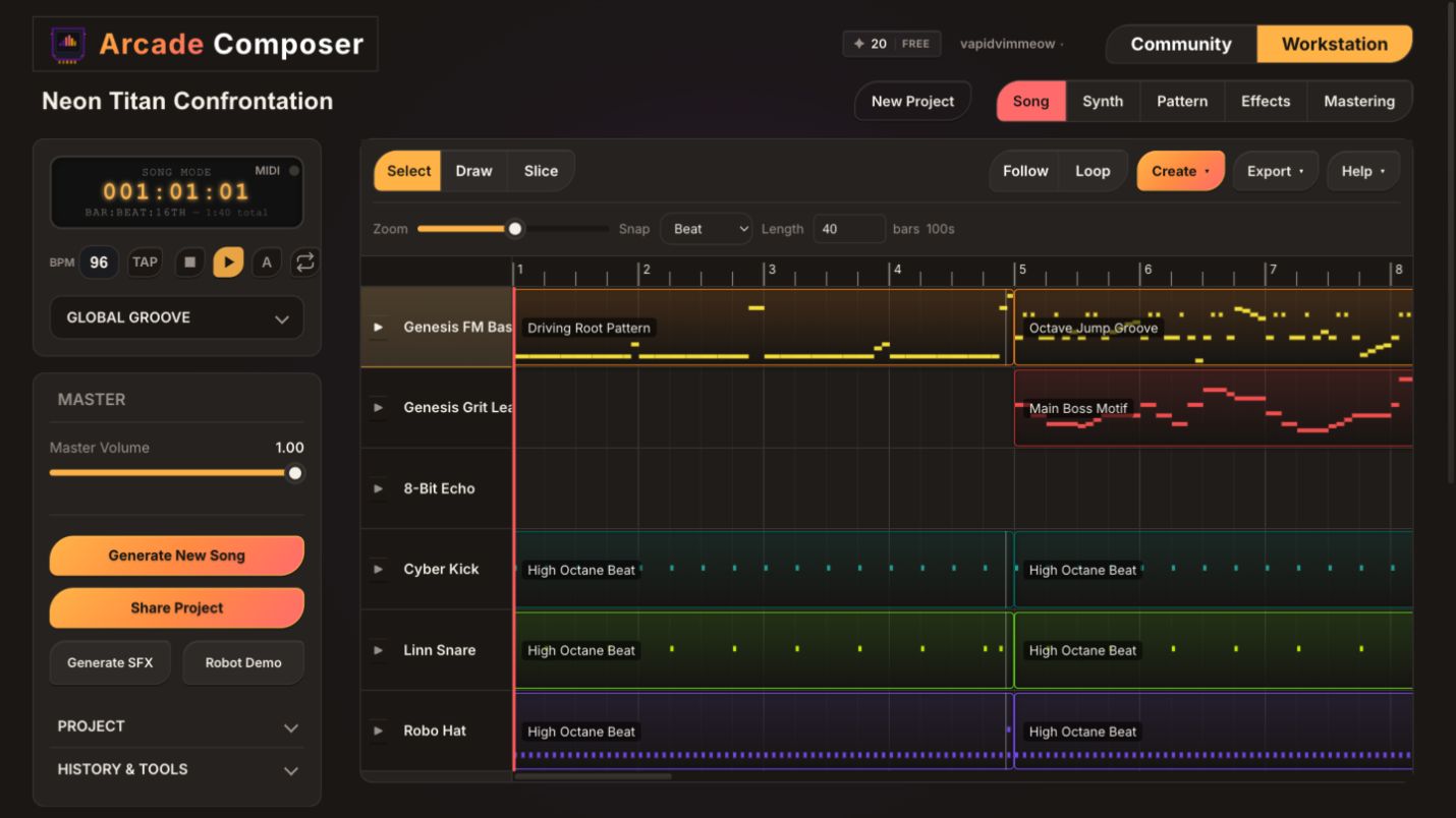 Editable Neon Titan song arrangement in Arcade Composer